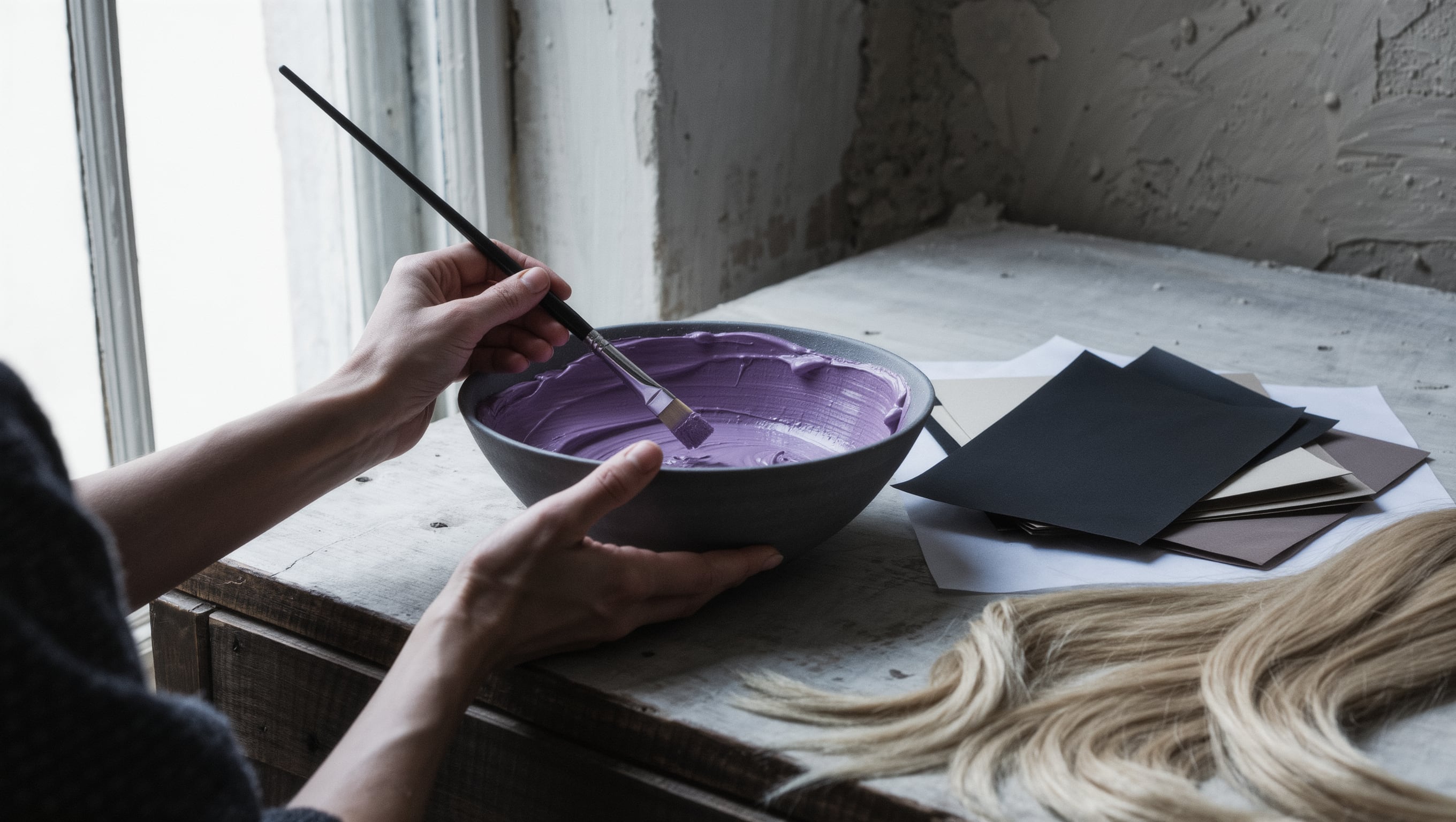 Nahaufnahme einer Hand mit Pinsel, die violette Tonerfarbe in einer Schale anrührt, daneben Alufolien und ein Farbfächer mit Blondtönen