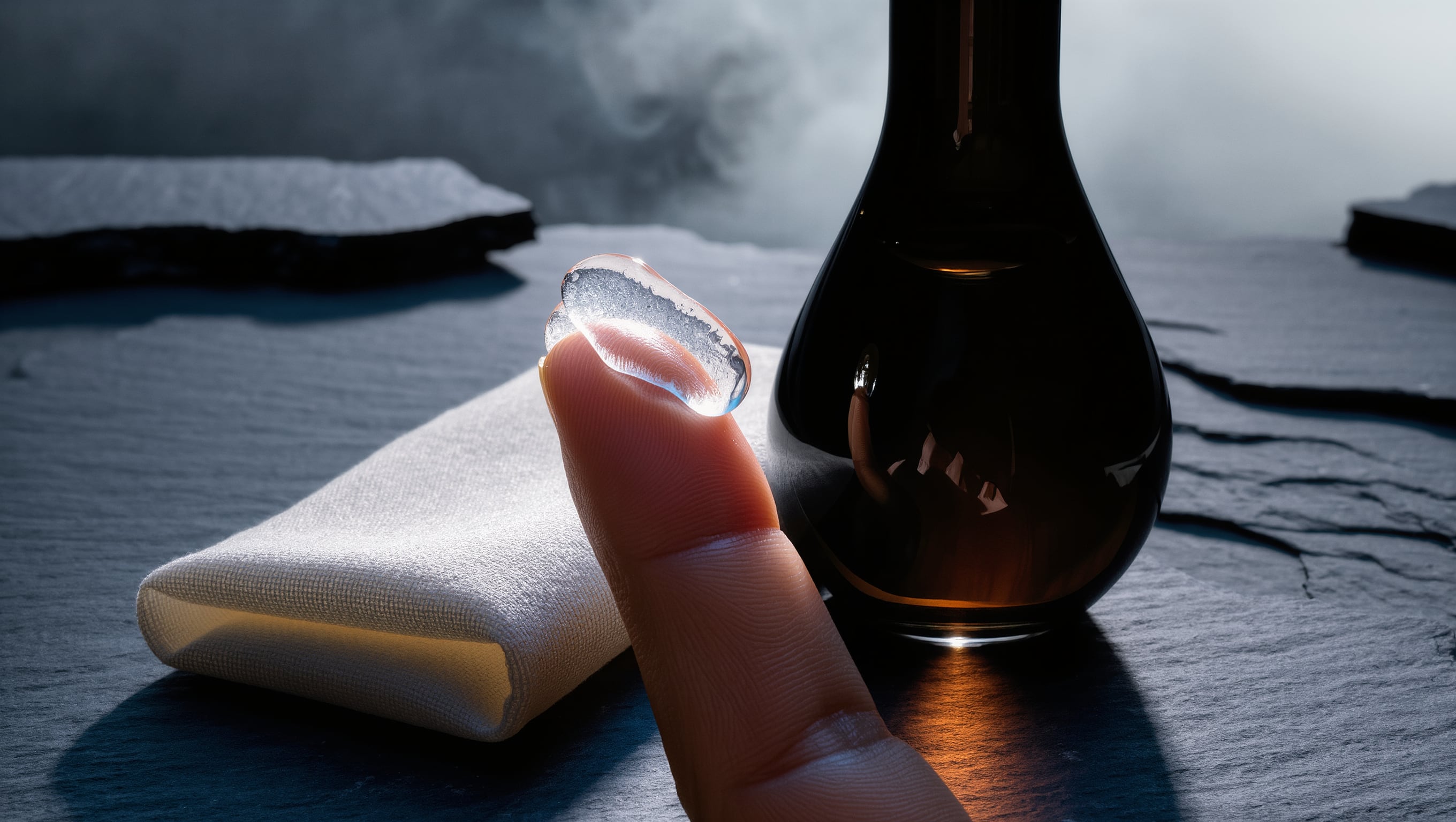 Reinigungsbalm auf einer Fingerkuppe im Gegenlicht, daneben ein weiches Tuch und ein Glasflakon auf dunkler Fläche