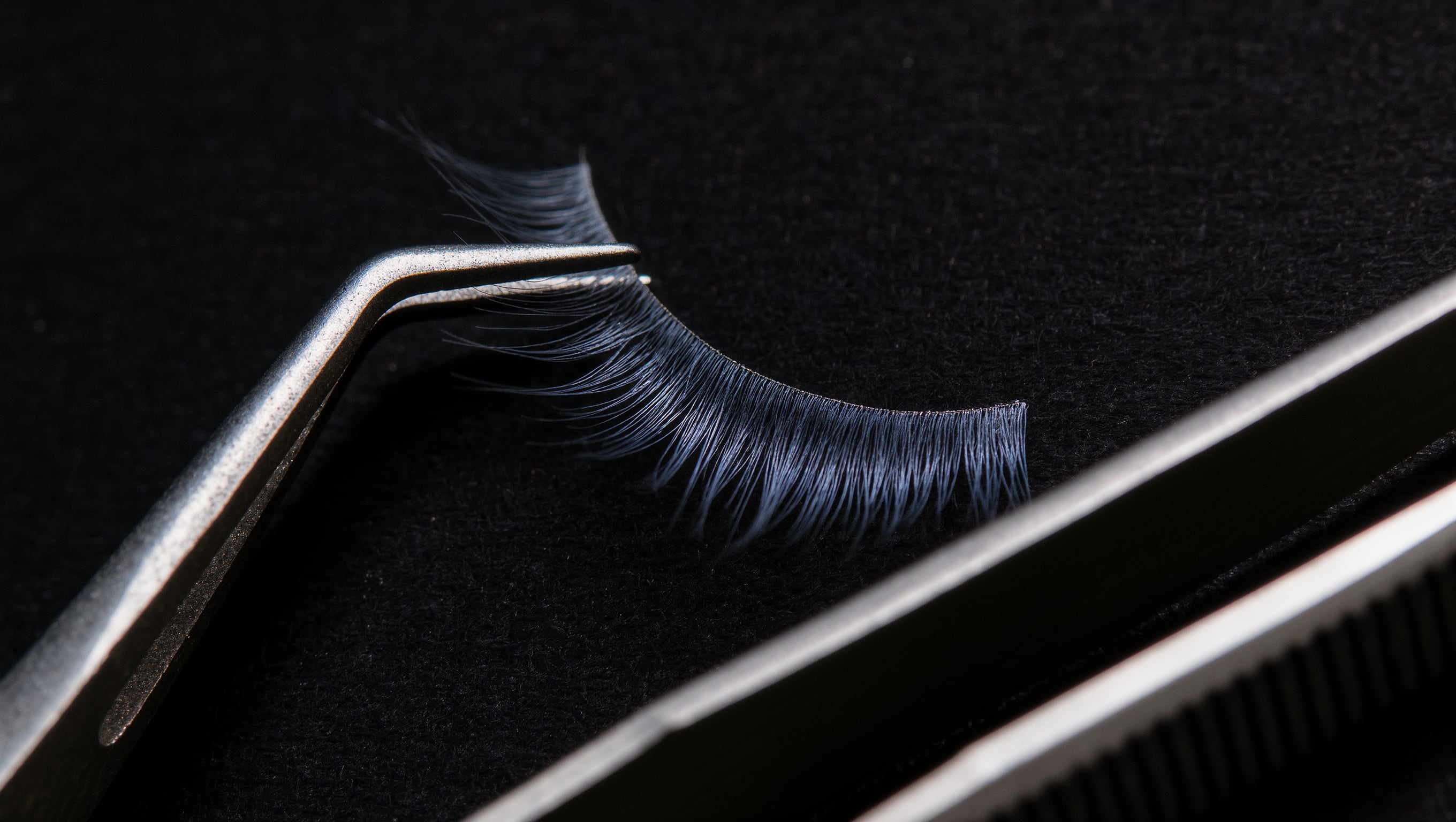 Zwei feine Pinzetten heben eine einzelne Wimpernextension von einem Wimpernstreifen ab, dunkler Hintergrund