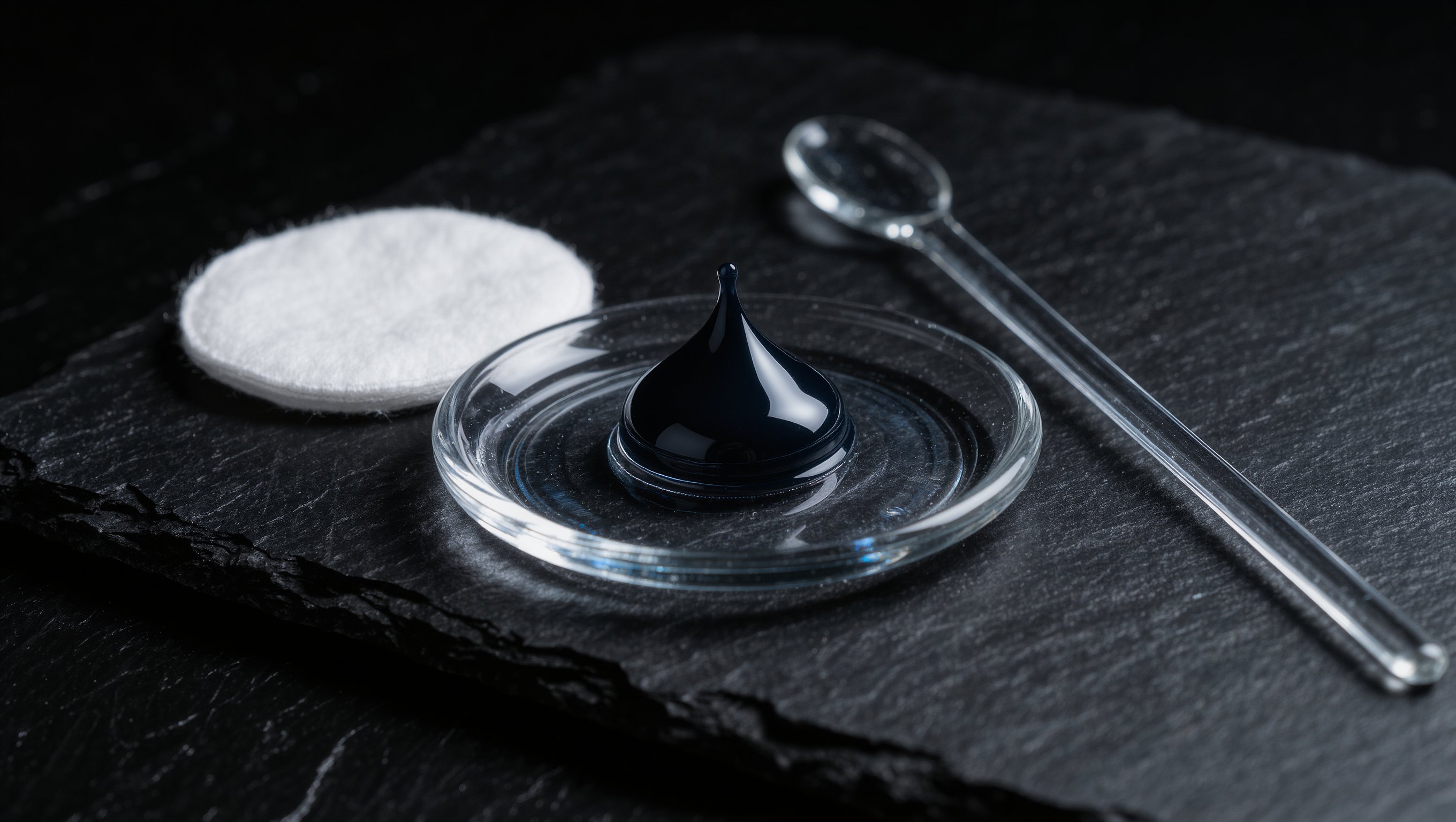 Wattestaebchen mit einem Tropfen Farbcreme neben einer Farbtube auf dunklem Untergrund, konzentriertes Licht