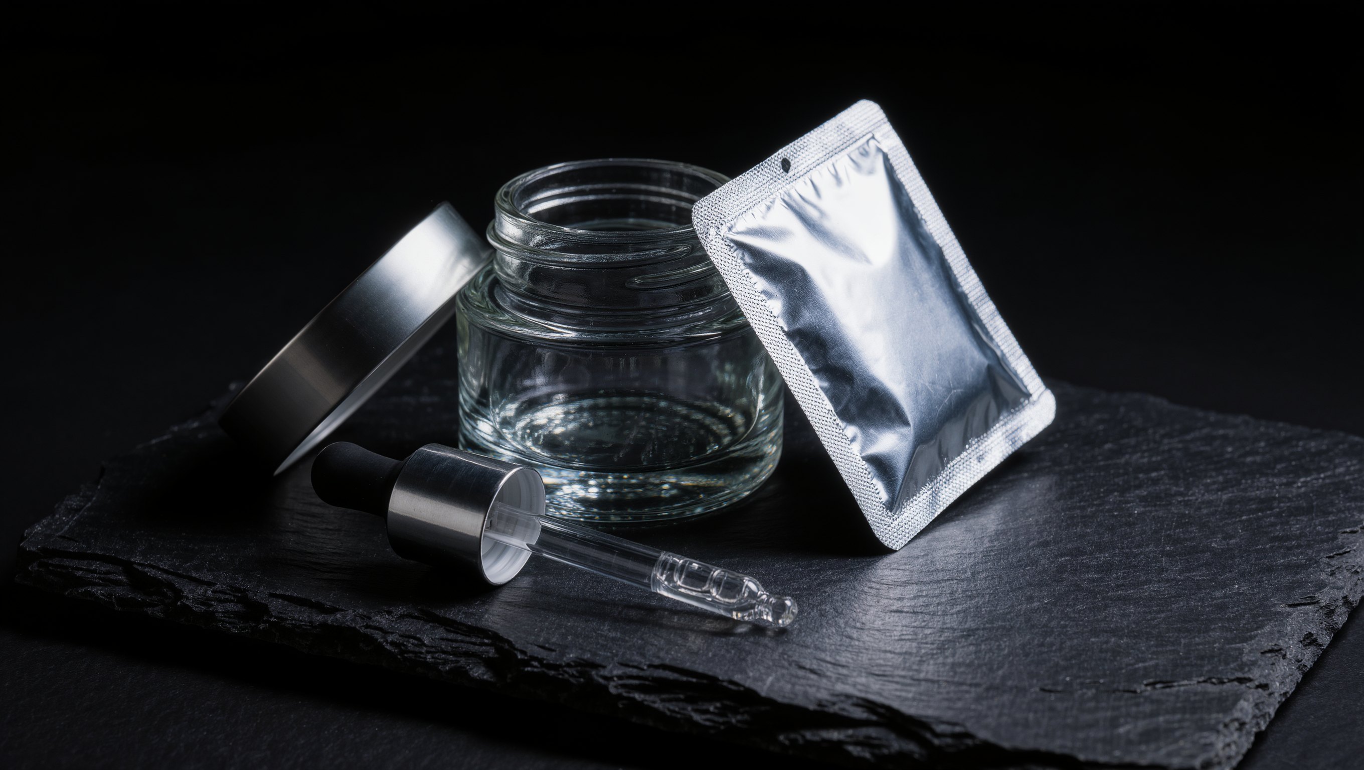 Nachfuellbarer Glasflakon und ein Stueck festes Shampoo auf dunklem Stein, Lichtkante auf der Oberflaeche