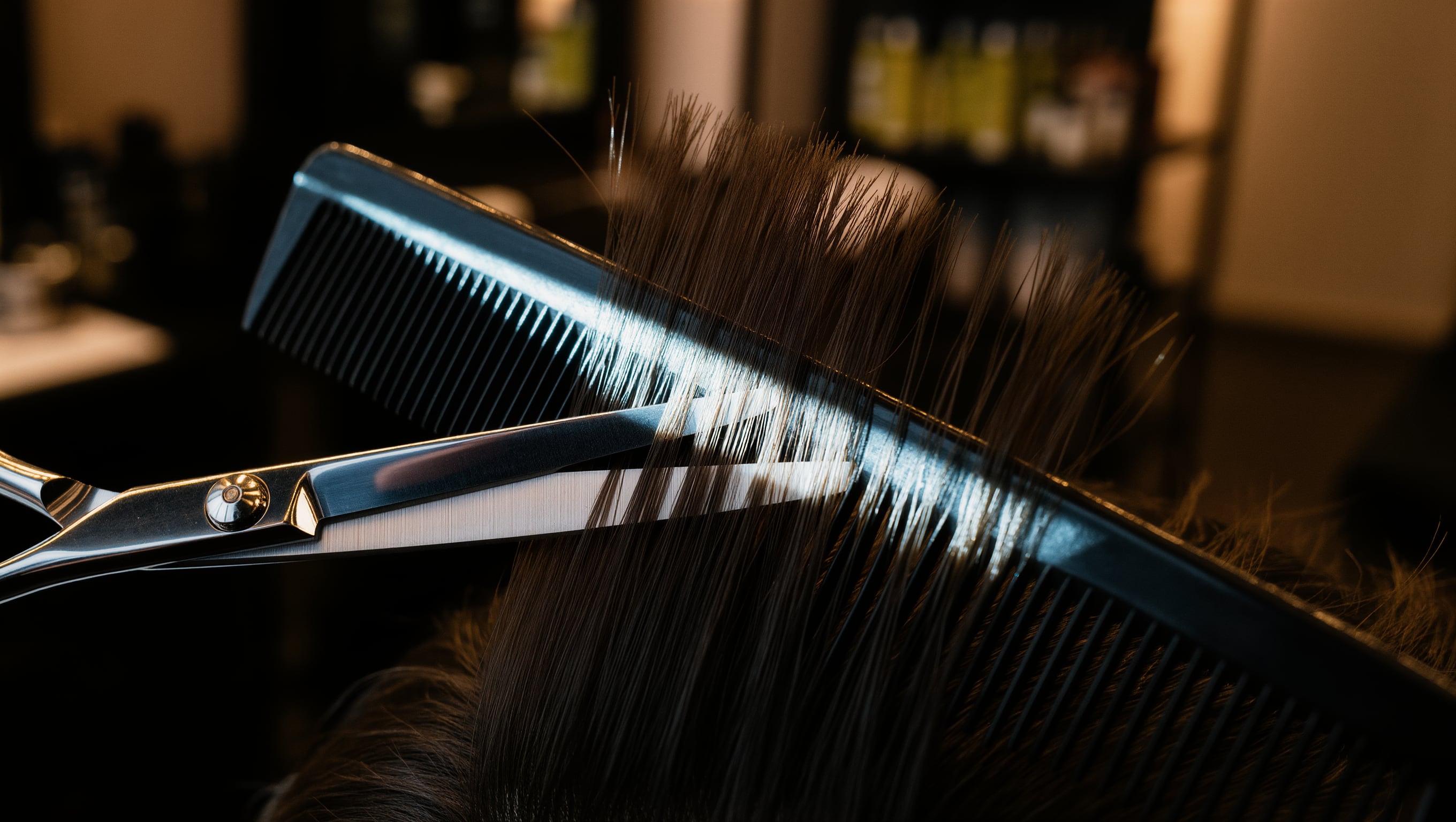 Schere und Schneidekamm in Hand über einer abgeteilten Haarpartie, weiches Licht auf glänzender Haarfläche