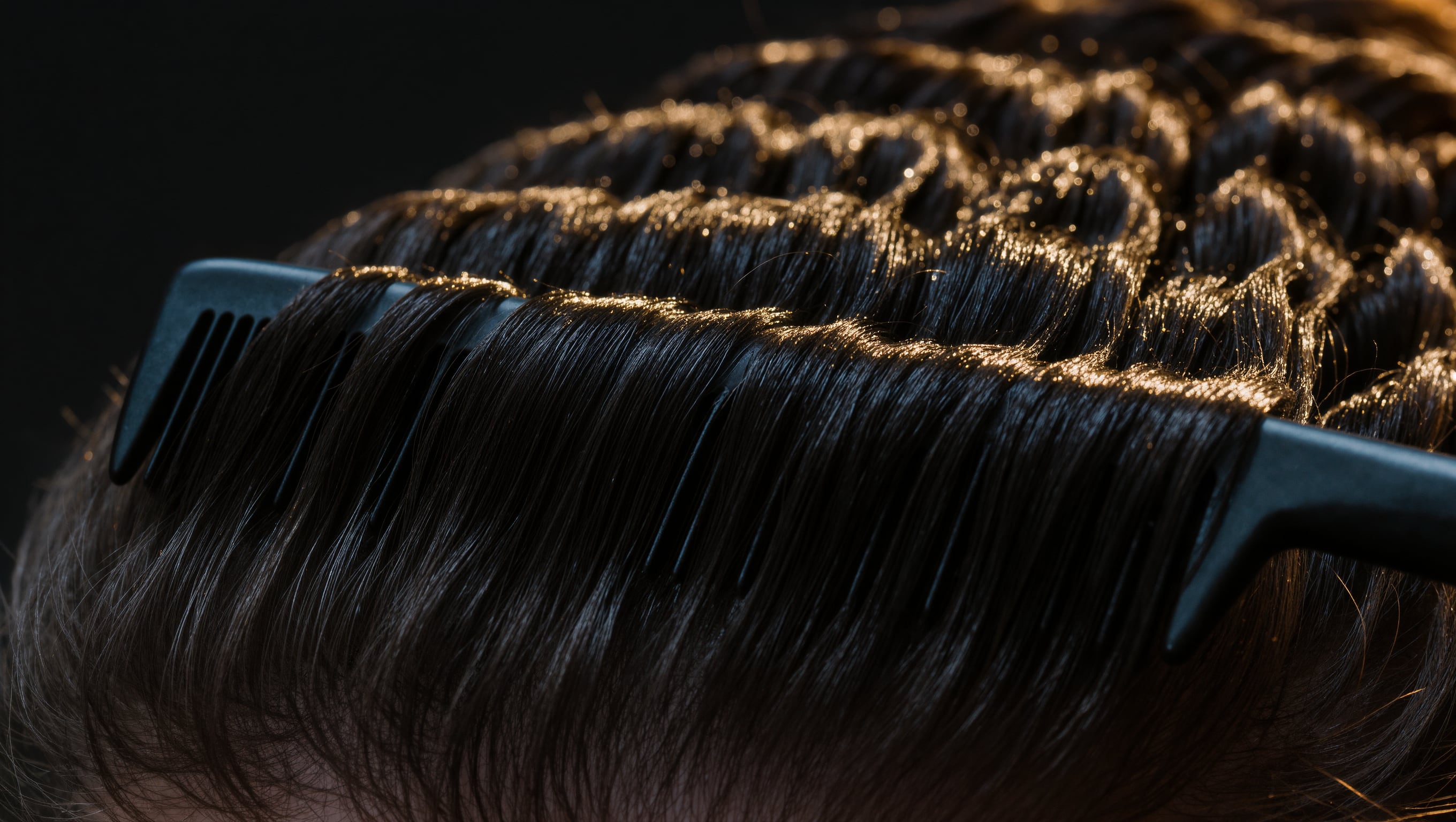 Hand mit weitzinkigem Kamm teilt feuchte, dicht gelockte Haarpartien ab, Wassertropfen glänzen im Seitenlicht